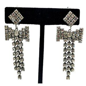 Long Rhinestone Earrings Bows Articulating Drop Dangling Clip Ons Vintage Costum